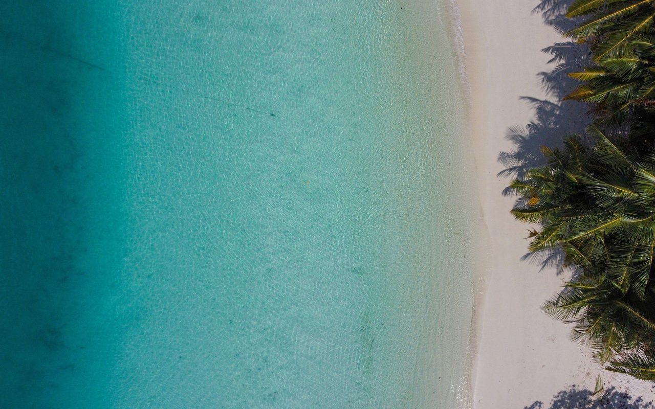 White sandy beach meeting clear turquoise waters in the Maldives from an aerial perspective.