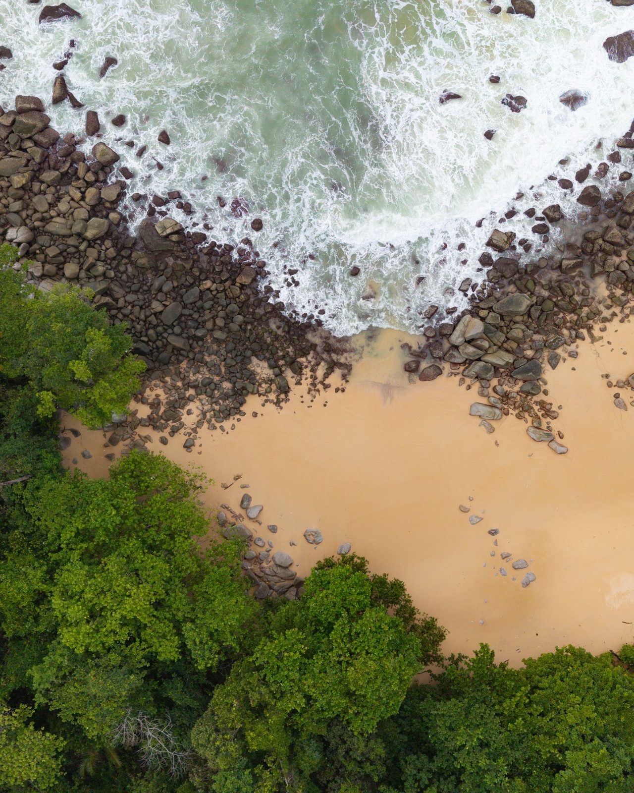 Top-down shot of vibrant green forest meeting a rocky shoreline and turquoise sea in Phuket, Thailand.