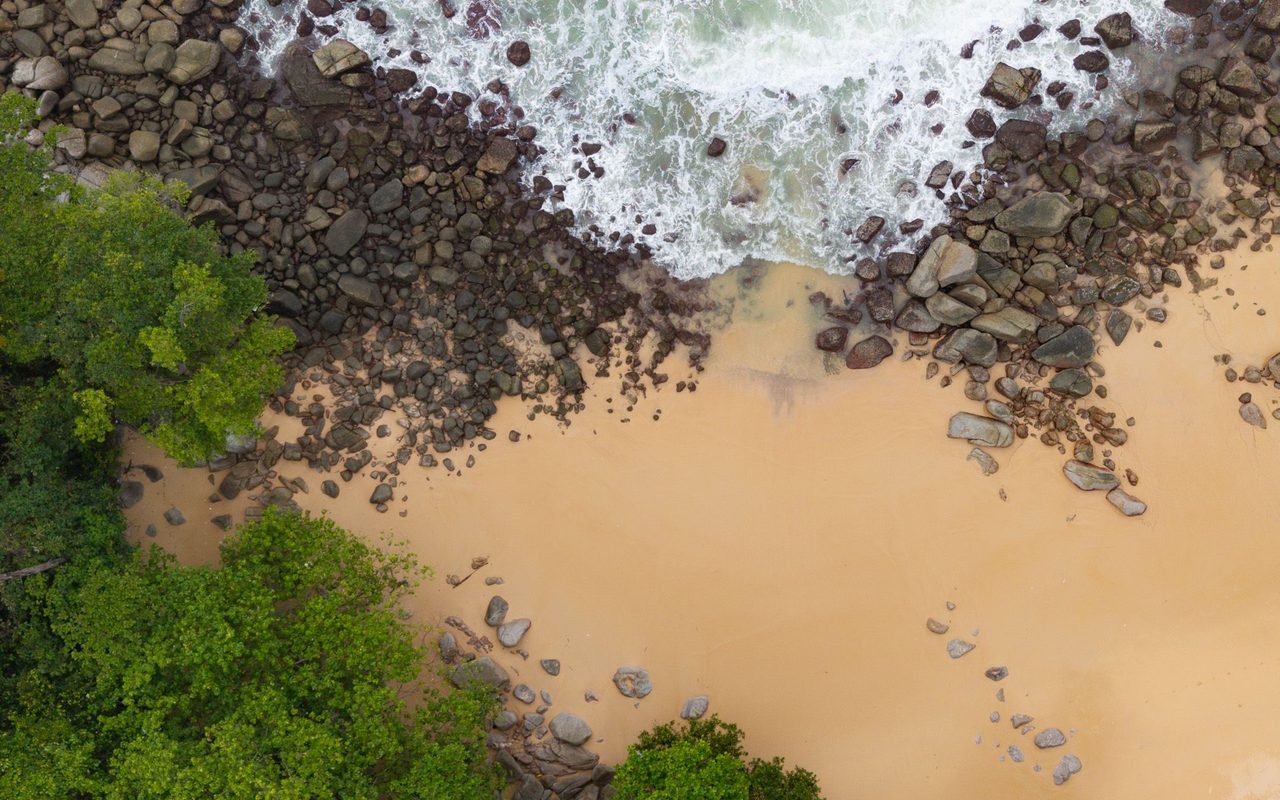 Top-down shot of vibrant green forest meeting a rocky shoreline and turquoise sea in Phuket, Thailand.