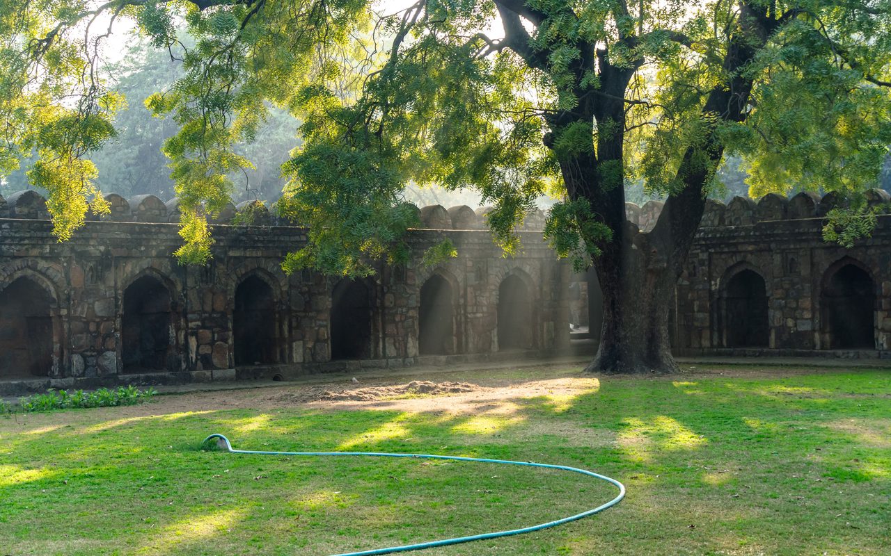 Sunlit garden with historic monument and trees, perfect for travel enthusiasts.