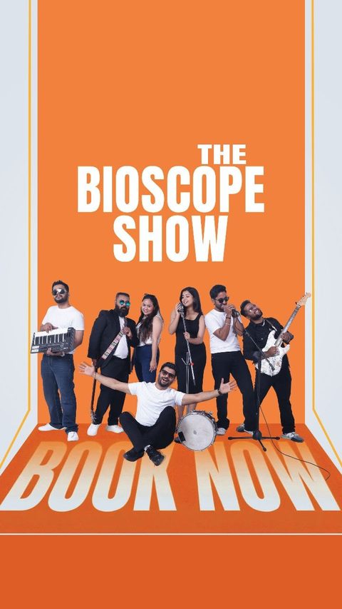 The band with their instruments in a promotional portrait at The Bioscope Show.