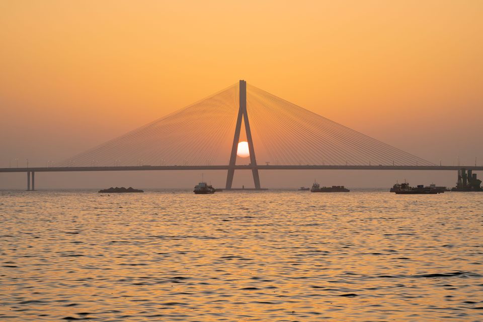 Sunset behind the Bandra-Worli Sea Link in Mumbai