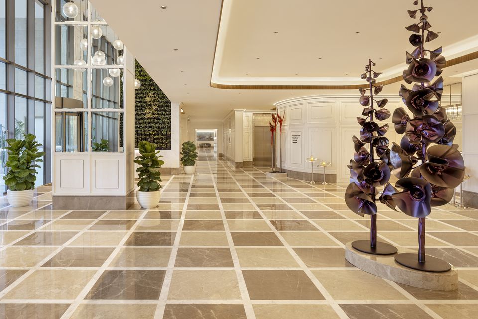 High-ceilinged marble lobby
