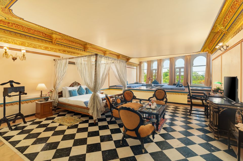 Ornate suite with patterned marble flooring