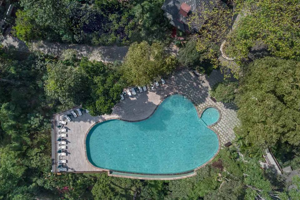 Aerial view of the swimming pool among trees