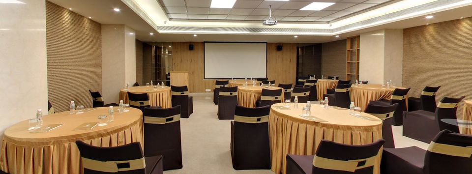 Banquet hall with round dining tables