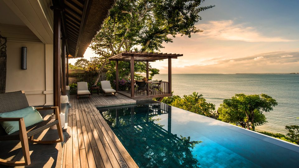 Private pool and ocean terrace at sunset
