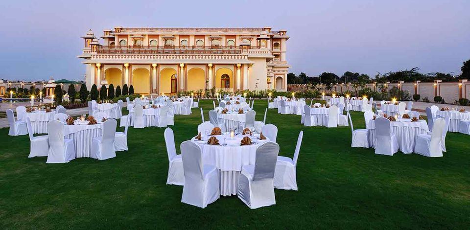 Tables arranged for a lawn celebration
