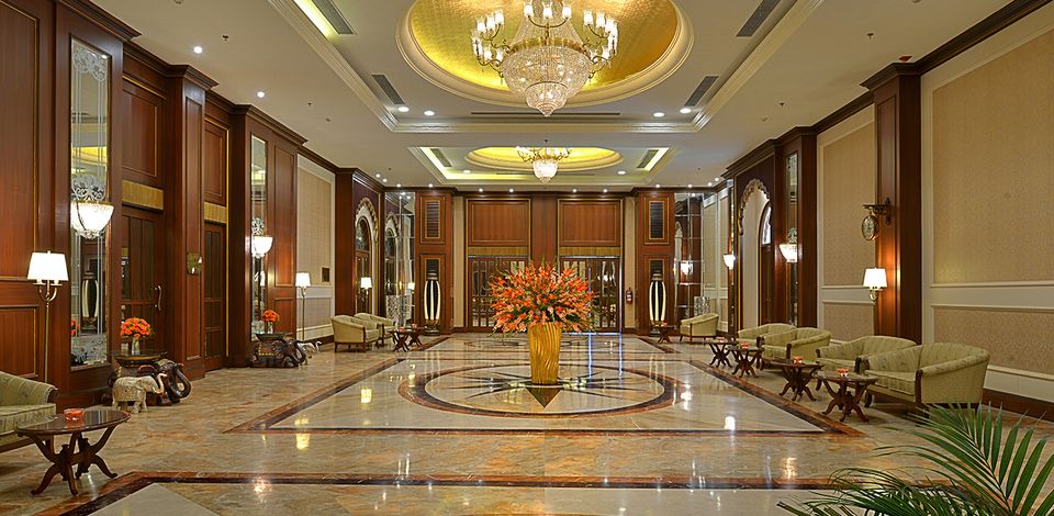Chandelier-lit palace lobby