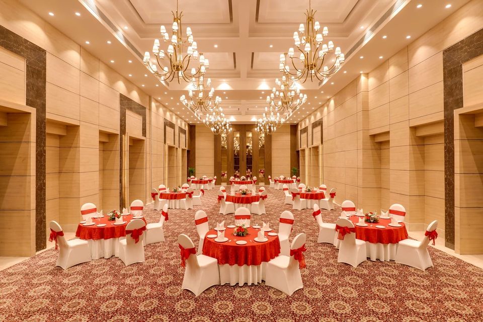 Banquet hall arranged with round tables