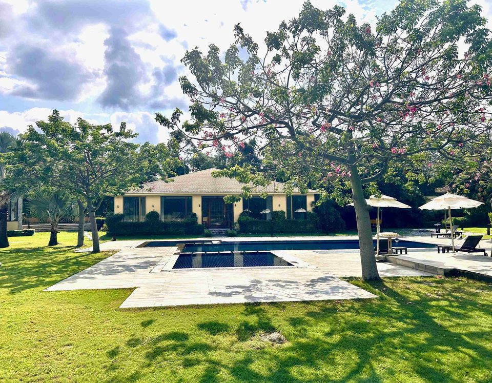 Pool set beside shaded lawns