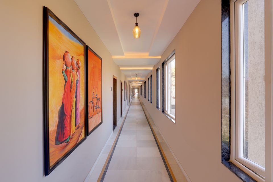 Light-filled corridor overlooking the hills