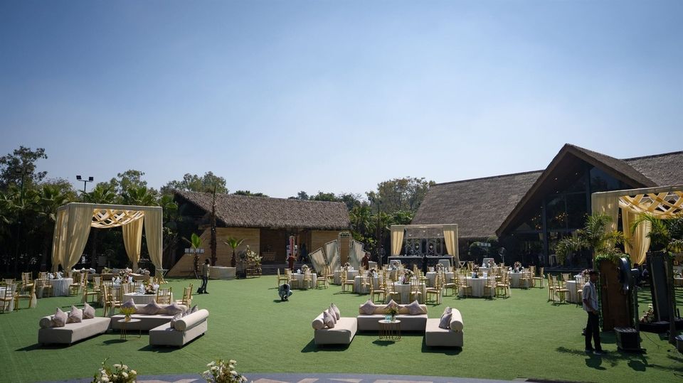 Garden lawn with event seating and pavilions