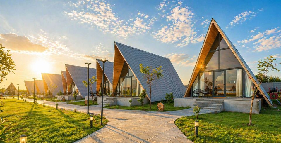 A-frame cottages across a lawn in warm light