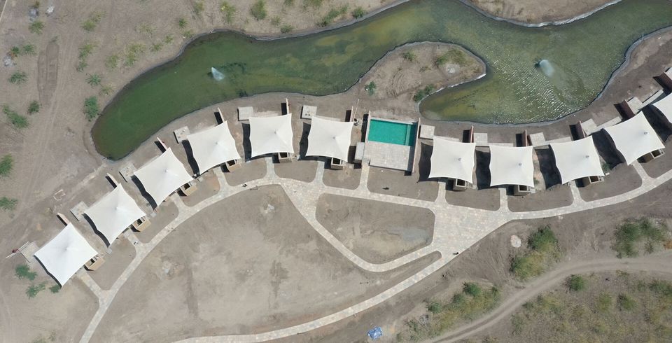Aerial view of waterside cottages