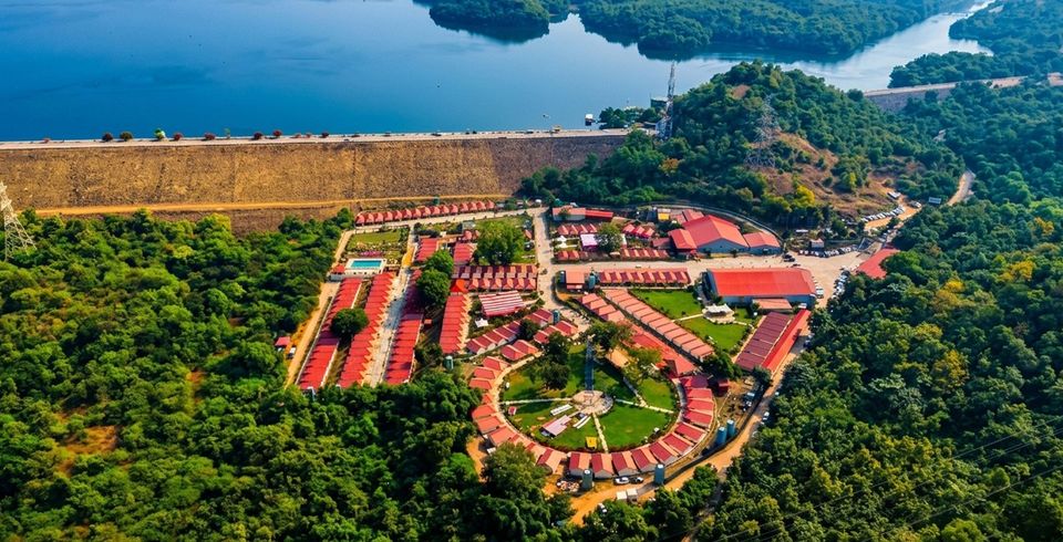 Aerial view of landscaped resort grounds