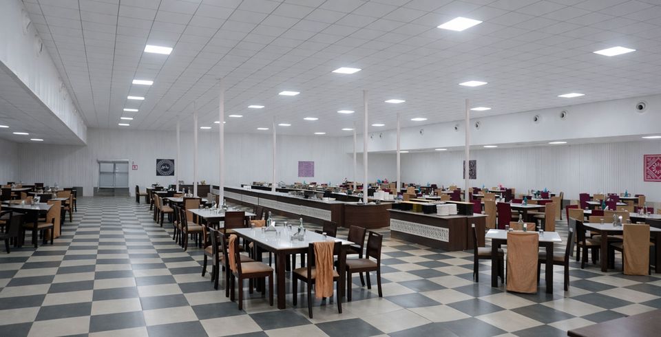 Dining hall with rows of tables