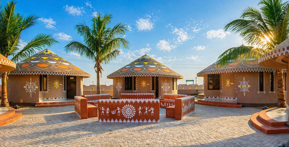 Painted circular cottages around a palm courtyard