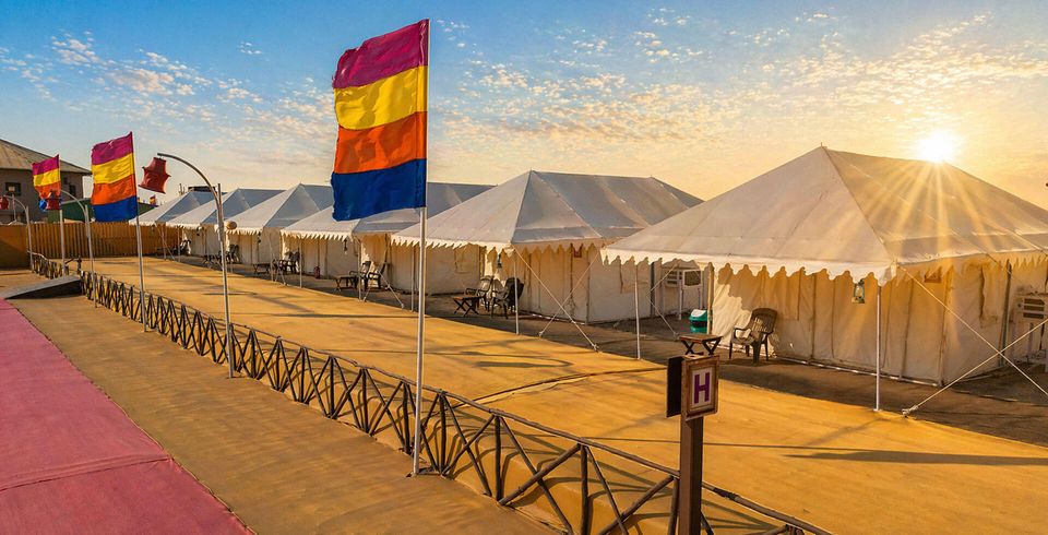 Tented accommodation in warm sunset light