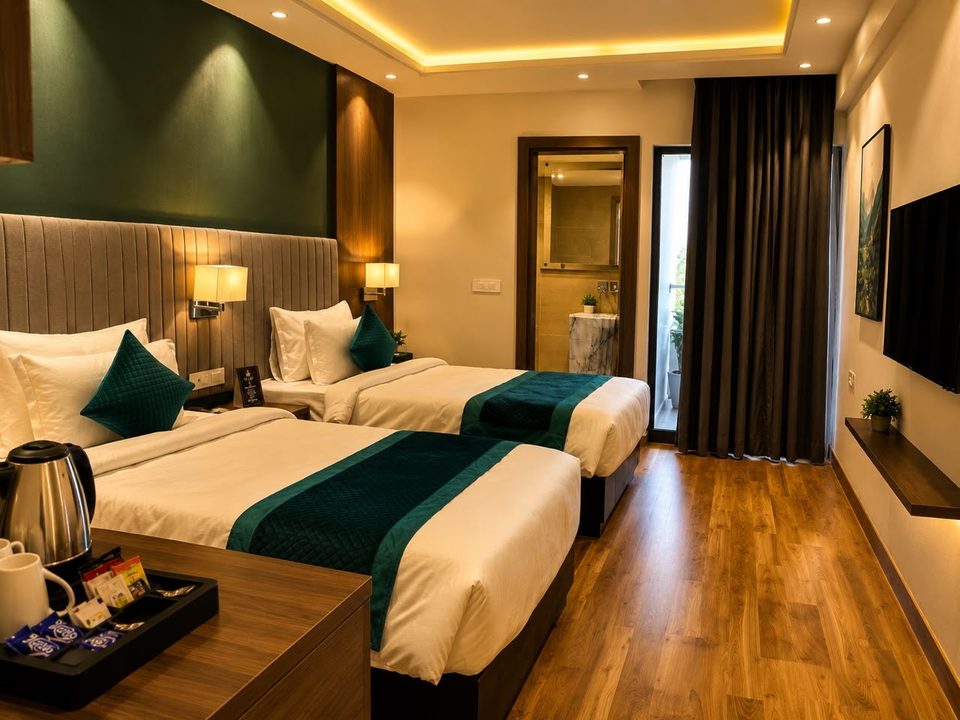 Twin room with two beds, teal accents and wooden floors at Solace Suites