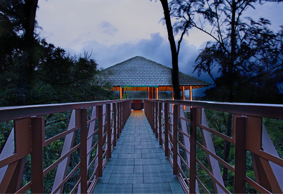 Raised walkway leading to a pavilion among trees at dusk